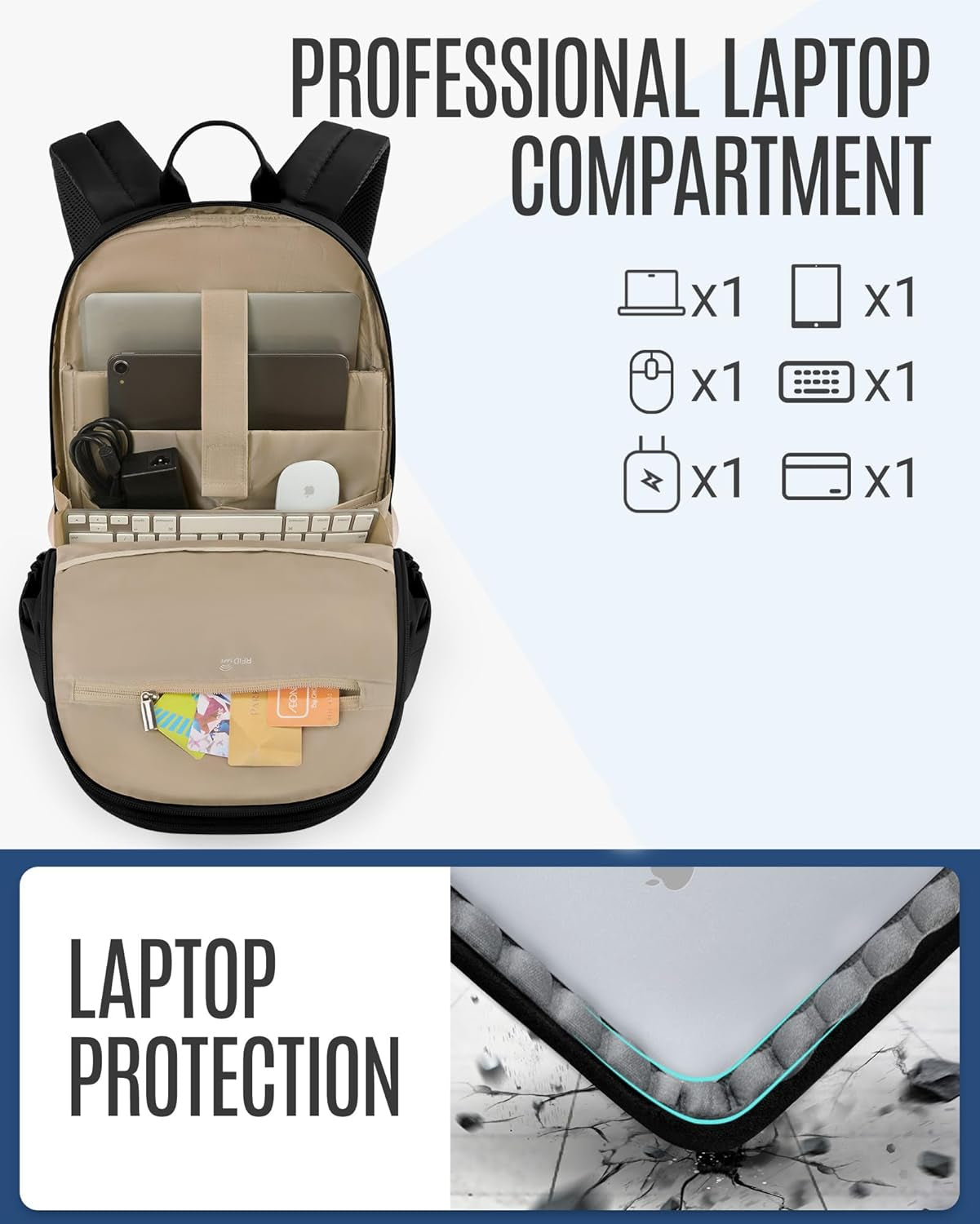 Travel Backpack for Women, 15.6 Inch Laptop Backpack with USB Charging Hole, Water Resistant College Bookbag, Large Capacity Black Computer Backpacks for Work, Black