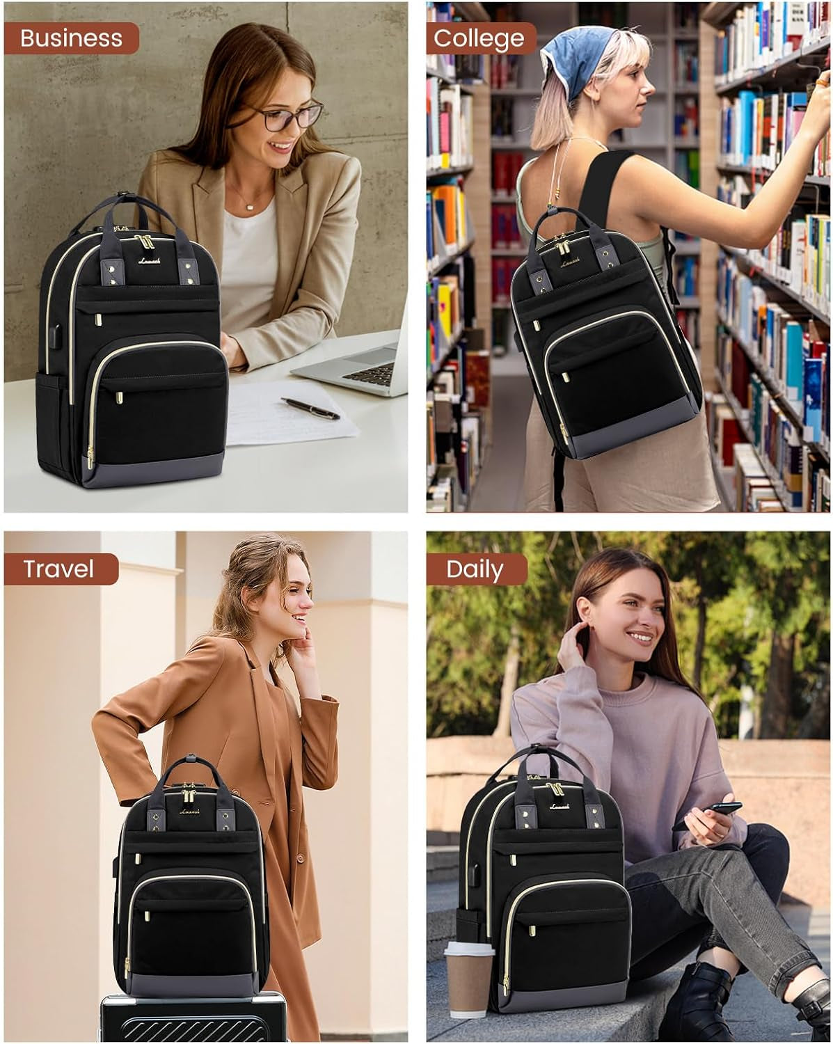 Laptop Backpack for Women, Unisex Travel Anti-Theft Bag, Business Work Computer Backpacks Purse for Men, Casual Hiking Daypack with Lock, 15.6 Inch, Black-Grey