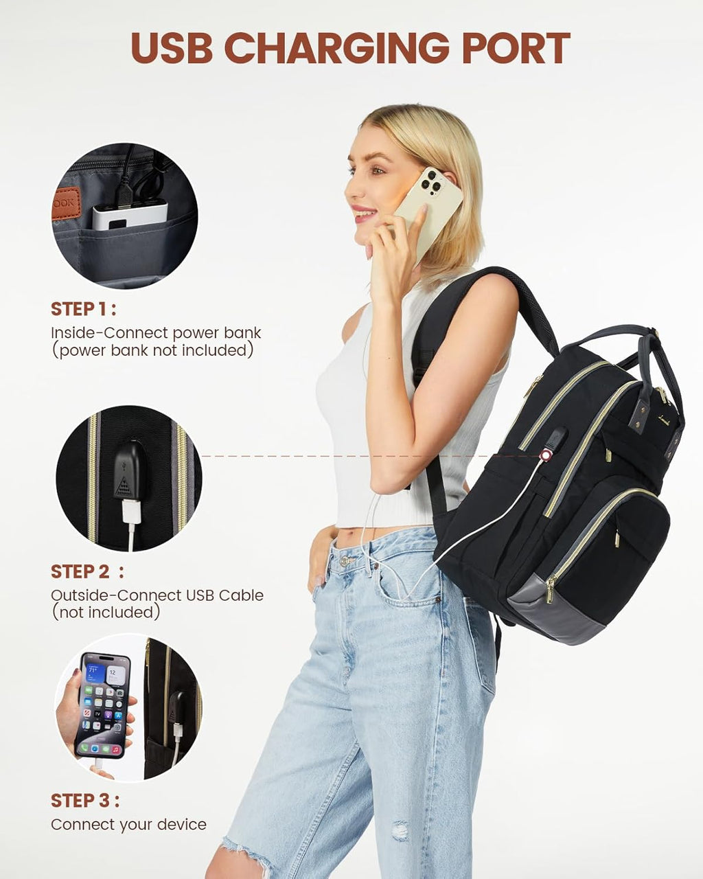 Laptop Backpack for Women, Unisex Travel Anti-Theft Bag, Business Work Computer Backpacks Purse for Men, Casual Hiking Daypack with Lock, 15.6 Inch, Black-Grey