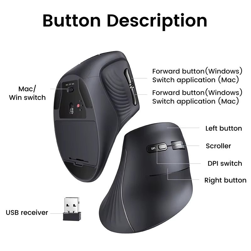 Vertical Mouse Wireless Bluetooth5.0 2.4G Ergonomic 4000DPI 6 Mute Buttons for Macbook Tablet Laptops Computer PC Mice